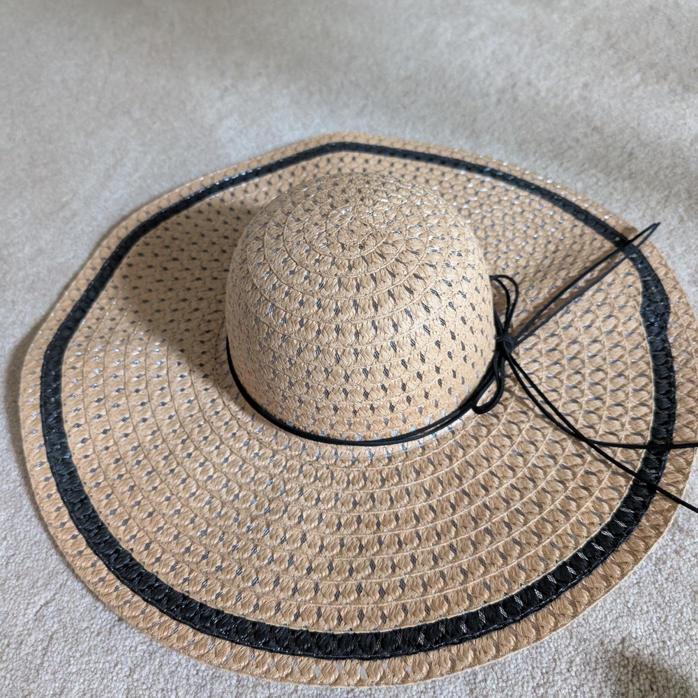 Wide Brim Straw Sun Hat | Floppy Woven Beach Hat with Black Trim | Bohemian - Picture 2 of 5